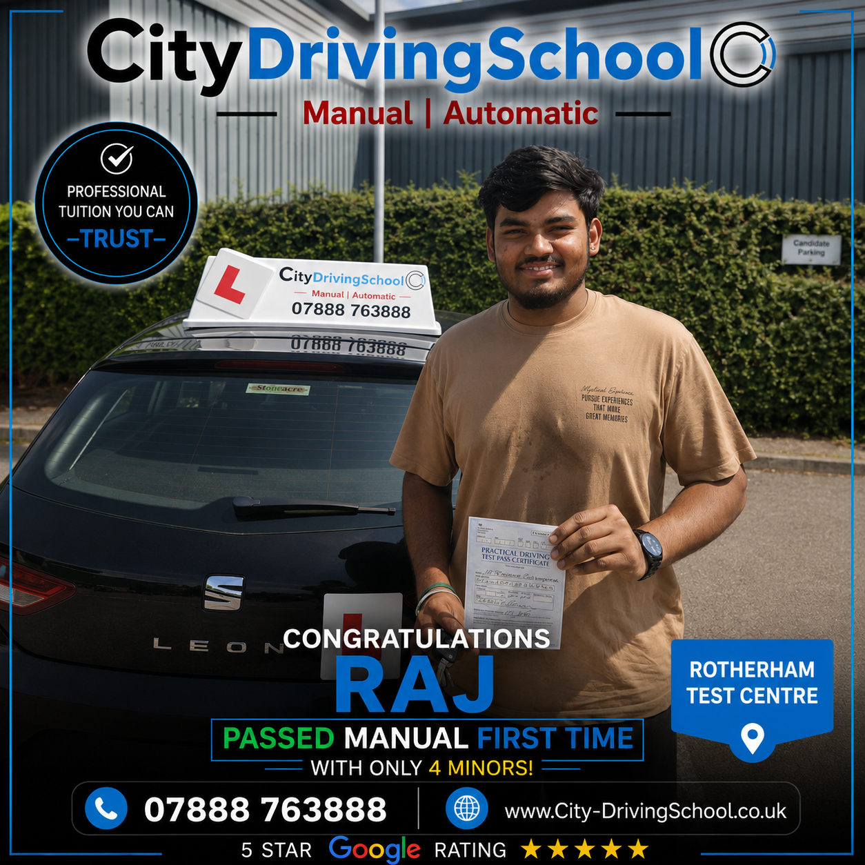 Raj after passing his manual driving test at Rotherham Test Centre